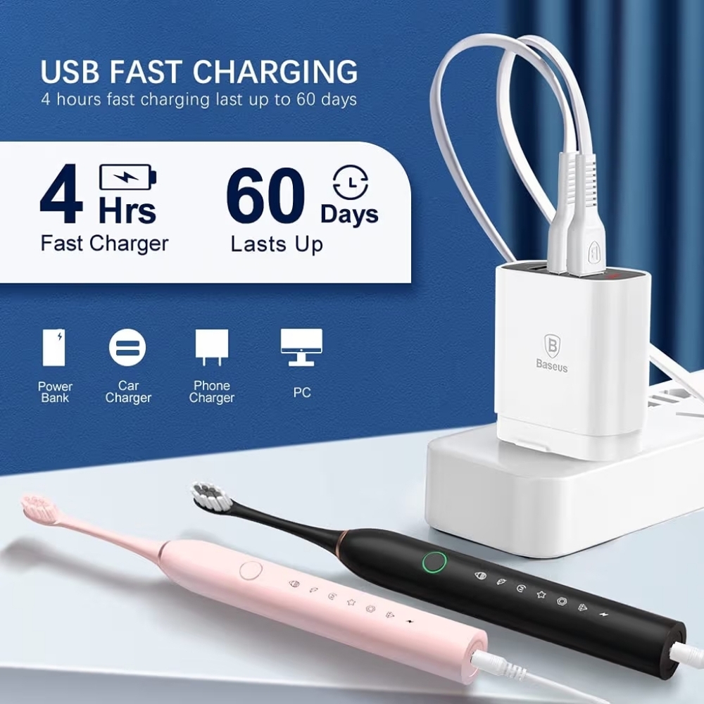 (1) X-2 Sonic Electric Toothbrush Black Rechargeable 4 Brush Heads New - Picture 6 of 11